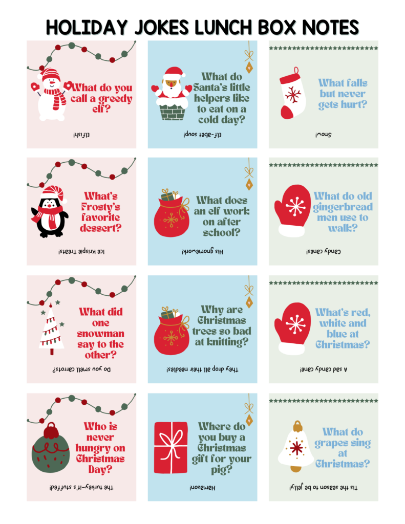 holiday jokes lunch box notes for kids (free printable)